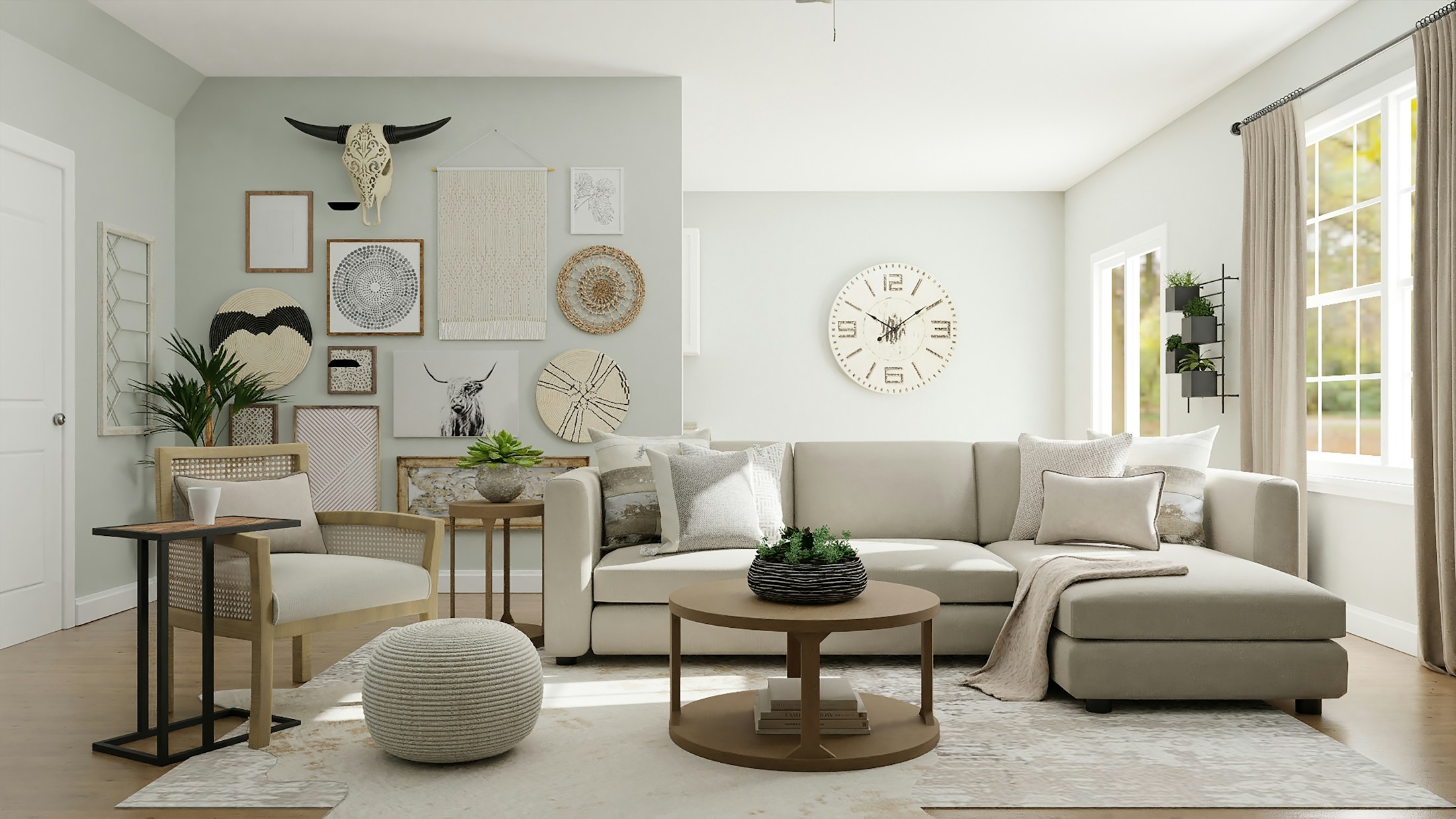 Warm contemporary room with sculptural furniture and natural materials