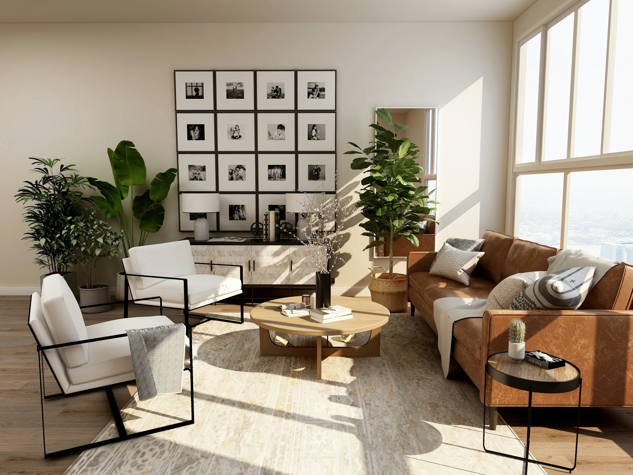 Sunlit contemporary living space with warm natural finishes